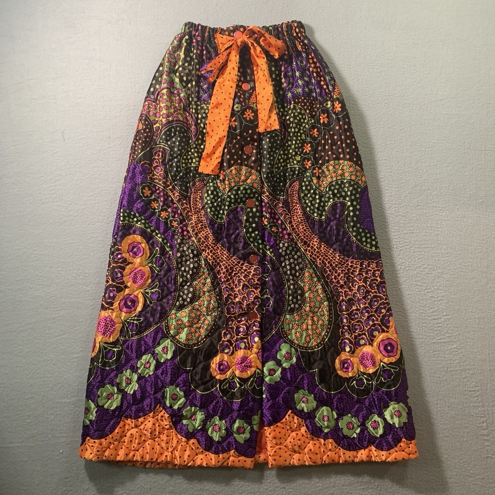 Vintage 70s Quilted Maxi Skirt S Button Front POCKET Orange Pink Floral Hippie